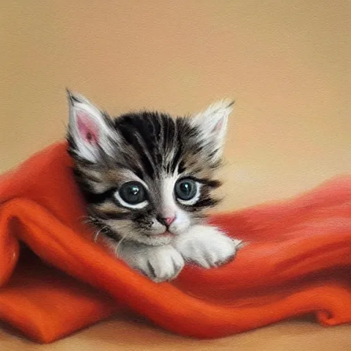 Prompt: painting of a cute kitten laying under a blanket