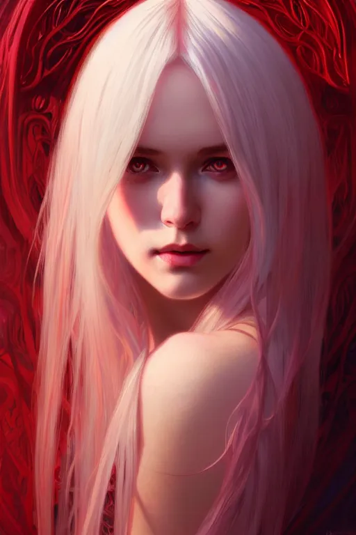 Image similar to a beautiful girl with long white hair and bangs, red eyes, fantasy, portrait, sharp focus, intricate, elegant, digital painting, artstation, matte, highly detailed, concept art, illustration, ambient lighting, art by ilya kuvshinov, artgerm, Alphonse mucha, and Greg Rutkowski