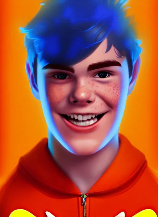 Image similar to friendly teenage archie andrews wearing an orange superhero costume with heart logo, heart, freckles, blue cape, heart emblem on chest, blue cape, intricate, elegant, glowing lights, highly detailed, digital painting, artstation, sharp focus, illustration, art by wlop, mars ravelo and greg rutkowski