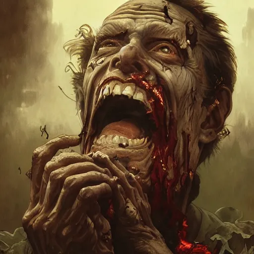 Prompt: elderly zombie man screaming, intricate, art by artgerm and greg rutkowski and alphonse mucha and william - adolphe bouguereau, high detailed, 4 k,