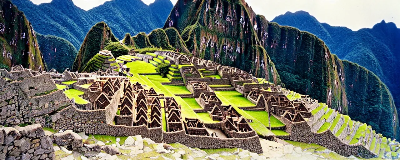 Image similar to machu picchu in the 1 4 0 0 s, with spaghetti, antiquity, canon 5 0 mm, wes anderson, kodachrome