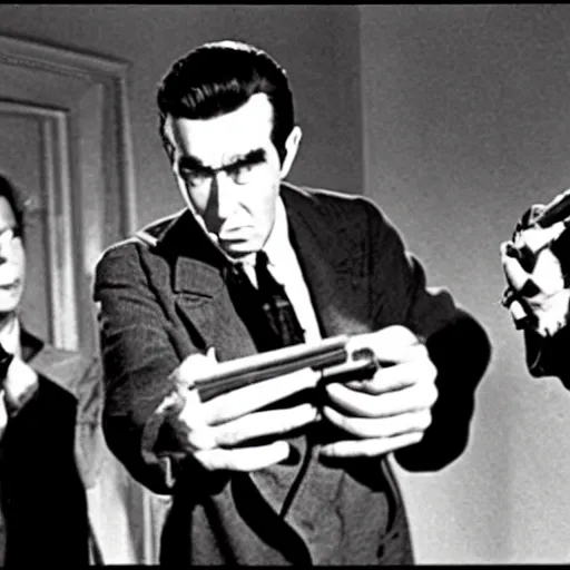 Image similar to scene from the horror picture show with james stewart!!!! james stewart!!!! is acting surprised and holds a revolver