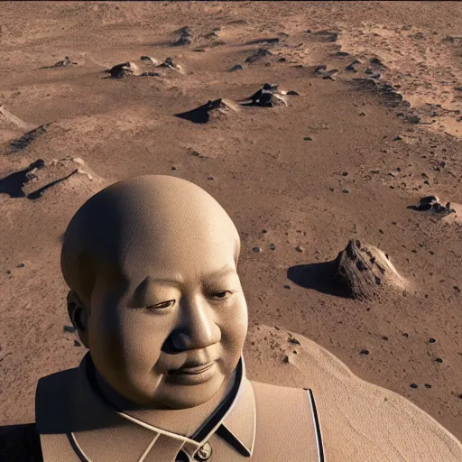 Image similar to a photo of mao zedong's sculpture on mars a made of resin, dramatic lighting, unreal engine 5 highly rendered, radiant light, detailed and intricate environment