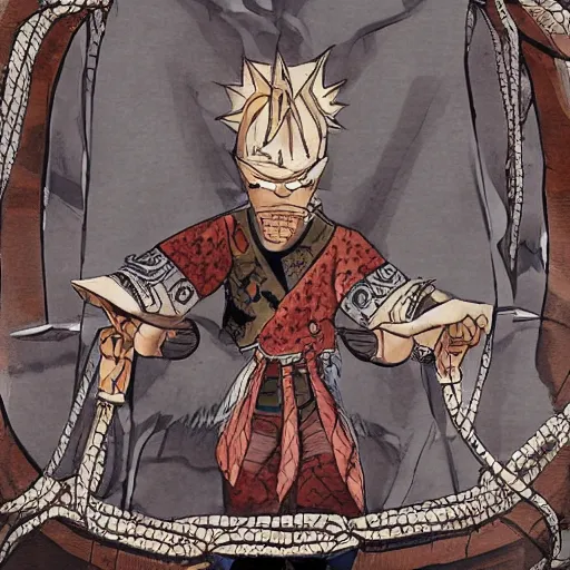 Image similar to A FULL BODY PORTRAIT FROM BEHIND OF MADARA UCHICHA ,THE MAN KEEPS A KUSARIGAMA AND IT IS WRAPPED IN CHAINS ,detailed, concept art, ink style , sketch