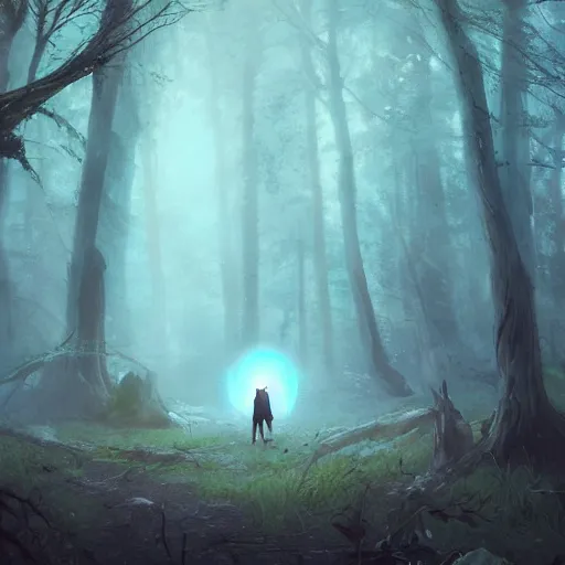 Image similar to ethereal mystery portal, seen by wanderer boy in middle of woods, greg rutkowski art, trending on artstation, artgerm, cgsociety, unreal engine, very smooth, high detail, 4 k, concept art, brush strokes, volumetric lighting, lighting refraction, pixiv art, sharp focus, raging dynamic sky, heavens