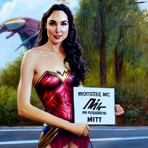 Image similar to Gal Gadot holding a sign that says M I T C H I E P O O !!!! as painted by Ralph Horsley