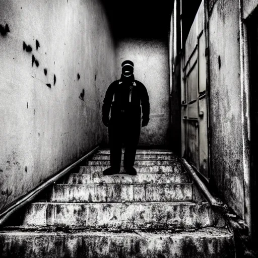 Image similar to A misterious man wearing a gas mask using a flashlight is standing on the midle of a stair alley looking in the direction of the camera :: outside, blue sky visible :: Ruined city with vegetation and trees growing all over the place in the distroyed buildings :: apocalyptic, shadowy, disolate :: A long shot, low angle, dramatic backlighting, simetric photography, night time, slighty colorful :: cinematic shot, very detailed