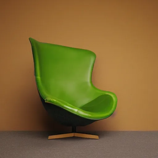 Image similar to an avacado chair, an armchair that looks like an avacado with green leather and seed yolk, award winning design, studio lighting, advanced photography, beautifully lit