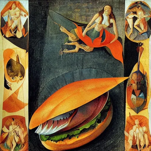 Prompt: flaming calssical iridescent rivulet rectangle shark papaya can burger , by Juan Giménez and Sandro Botticelli and Hieronymus Bosch , Low poly , flat shading , child's drawing