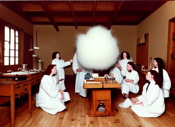 Prompt: realistic photo of a group of medieval female scientists wearing white shorts, watching at a levitating fluffy furry cloud, in a living room laboratory with many wooden gadgets made of wood interior is made of wood 1 9 9 0, life magazine reportage photo, natural colors