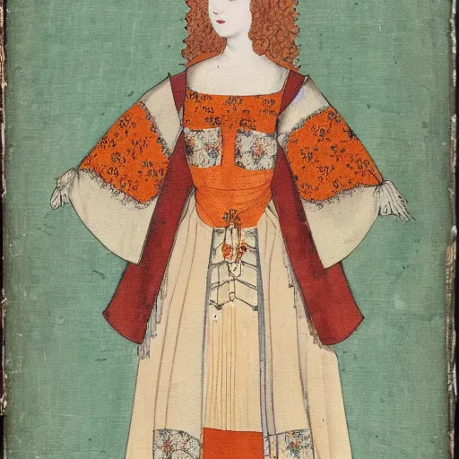 Image similar to female red akita inu dog dressed as a queen in an ornate dress with orange slices pattern, medieval painting