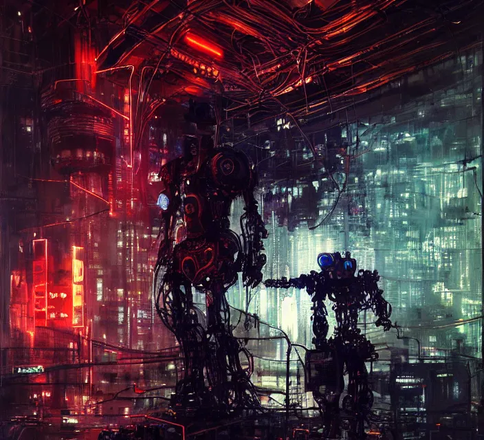 Prompt: robot cyborg bear, many wires and neon lights exposed, metal and glowing eyes, cyberpunk, highly detailed painting by jeremy mann and cd projekt red