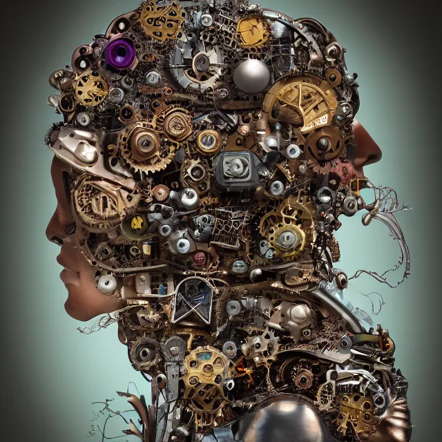 Prompt: profile portrait of a woman, computer parts, mechanical parts, by giuseppe arcimboldo, steampunk, cyberpunk, futuristic, psychedelic, surreal, sci - fi, vaporwave, alien, dreamlike.