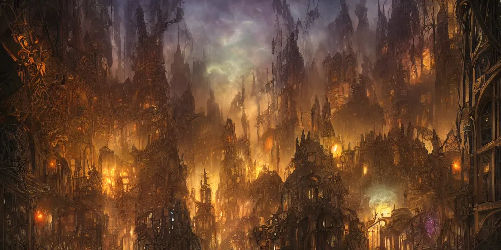 Prompt: a view from the otherworldly gothic streets of the planescape city of sigil, by tony diterlizzi and by brom and by wlop, crowded, beautiful digital painting, volumetric lightning, intricate details, by art germ, by greg rutkowski, vibrant deep colors, amazing fantasy art, clear sharp image, dehazed image