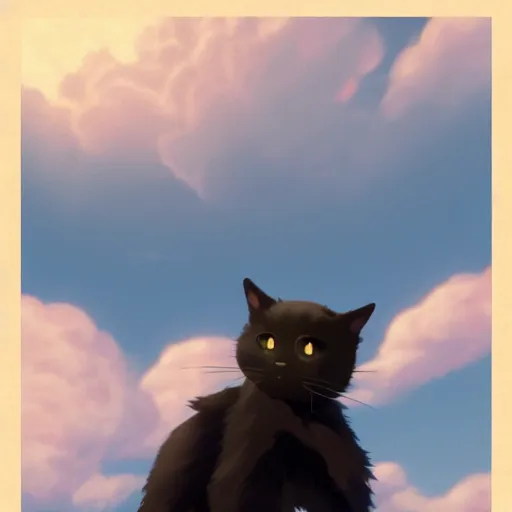 Image similar to a wholesome animation key shot of a black cat! looking a biplane! in the sky, medium shot, studio ghibli, pixar and disney animation, sharp, rendered in unreal engine 5, anime key art by greg rutkowski, bloom, dramatic lighting