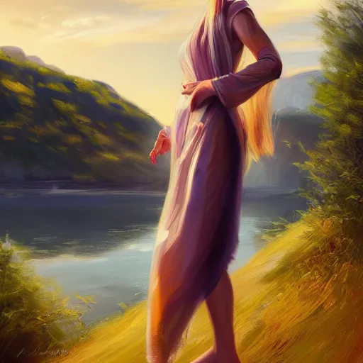 Image similar to blonde female jedi, Swedish countryside, landscape view, archipelago, freedom, abstract, by Vladimir Volegov, wlop, artstation