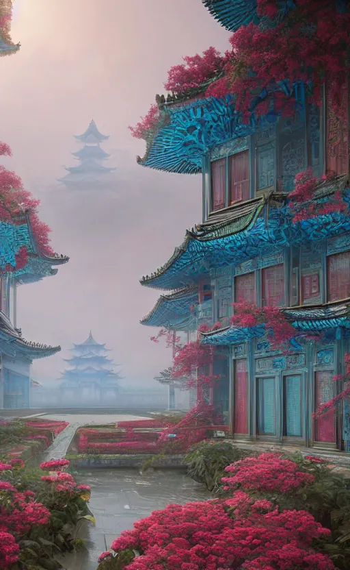 Image similar to vanishing point, palace covered with aqua blue roses like the forbidden city in distance at the red rose royal manor, viewed from afar, stephen bliss, misty, unreal engine, fantasy art by greg rutkowski, loish, ferdinand knab, and lois van rossdraws,, global illumination, radiant light, minimalist, detailed and intricate environment