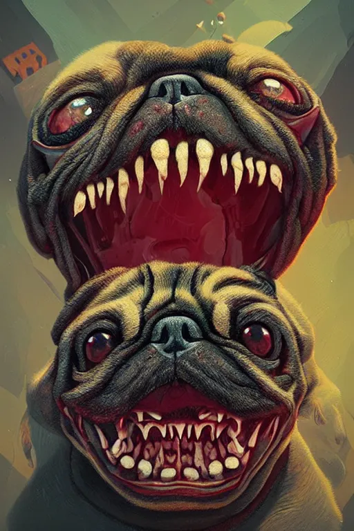 Image similar to demon pug eating flesh. art by mike winkelmann, sticker, illustration, highly detailed, artstation