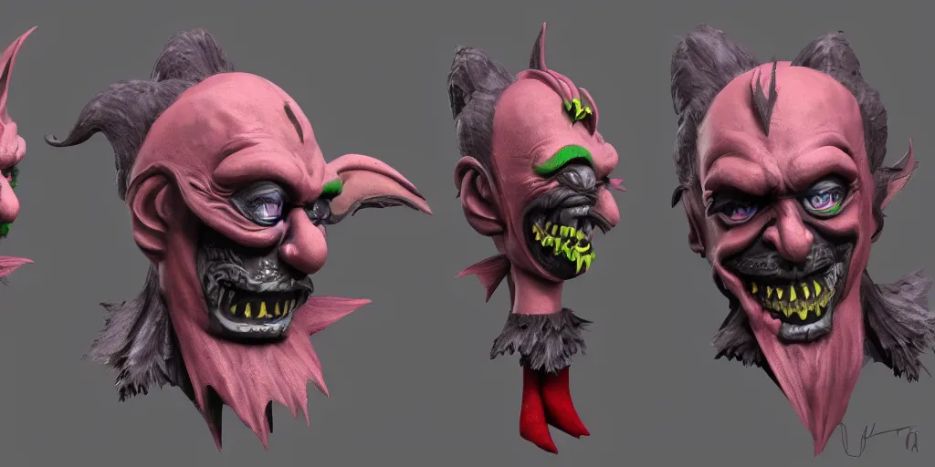 Prompt: a 3d sculpt of a dark fantasy side view of an evil circus clown animatronic circus mascot, tim burton, world of warcraft, league of legends