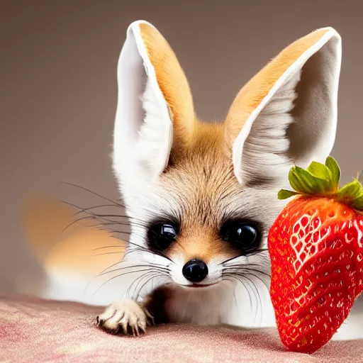 Image similar to baby fennec sneezing on a strawberry, studio photo, droplets, backlit ears