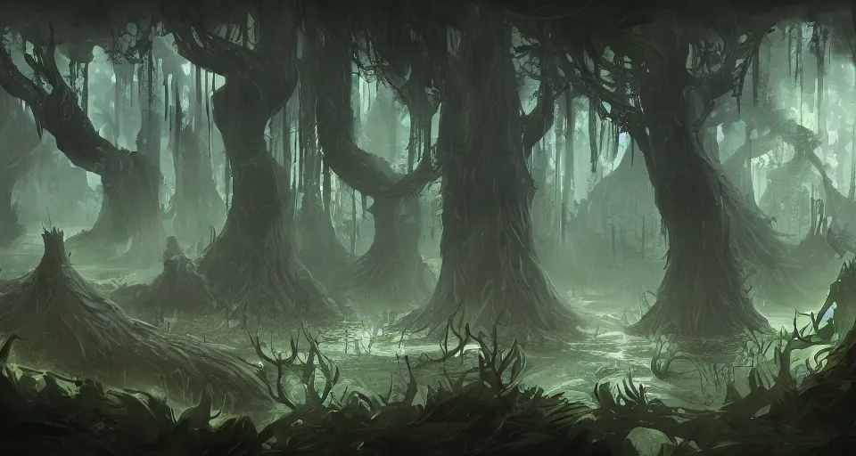 Image similar to A dense and dark enchanted forest with a swamp, by League of Legends concept artists