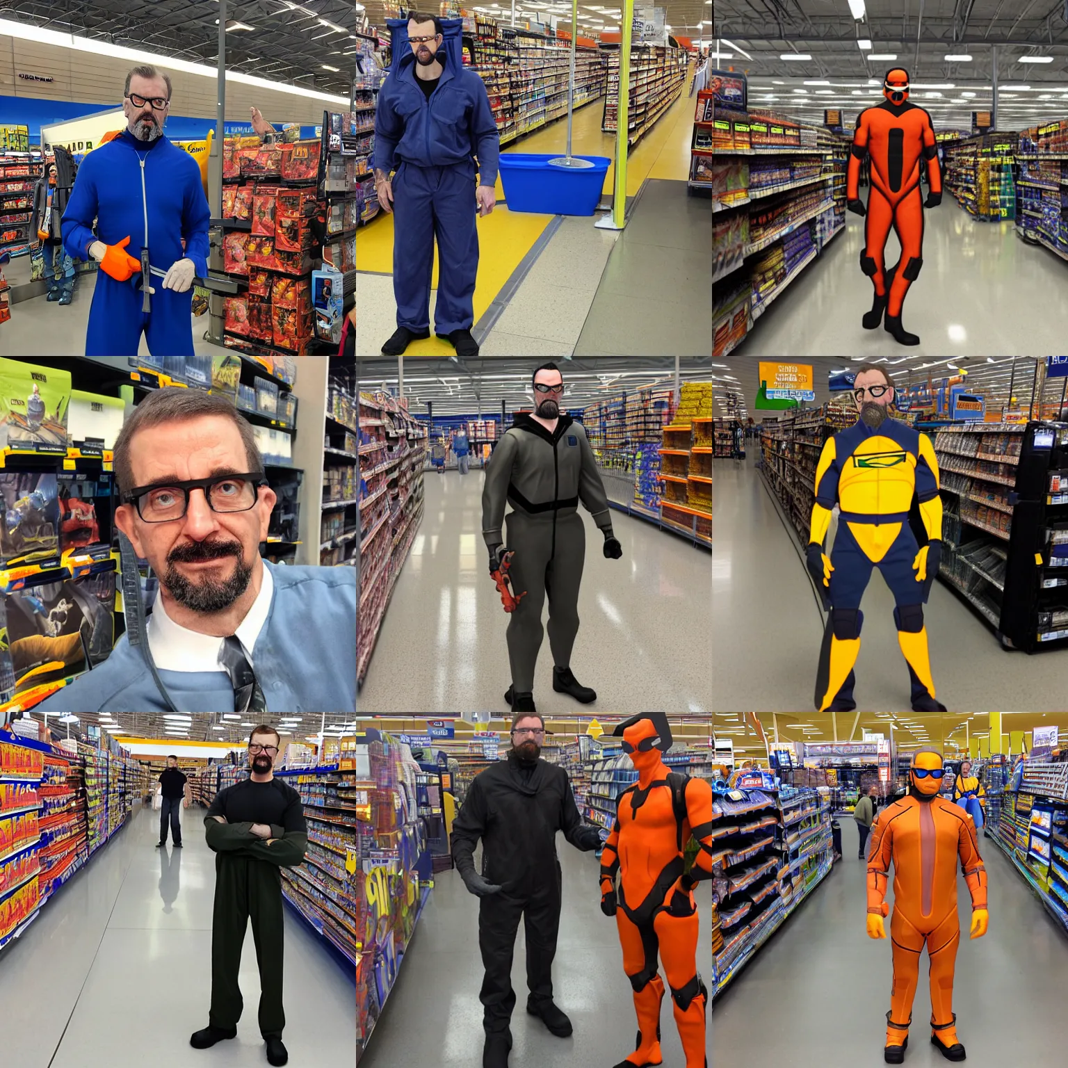 Prompt: gordon freeman in a hev suit at walmart