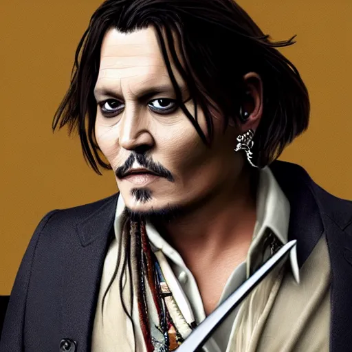 Image similar to johnny depp!!!! holding a sword, photorealistic, 4 k, 8 k