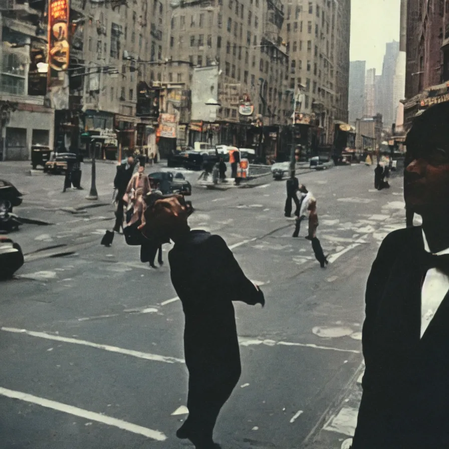 Prompt: portrait of a man in a suit in the streets of new york, 1 9 6 0 s, colour film street photography, photo taken with ektachrome, featured on flickr, photographed on damaged film