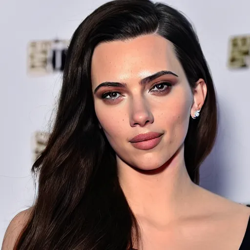 Image similar to a woman who is a genetic combination of kim kardashian and kat dennings and scarlett johansson and margot robbie and emma watson, face and upper - body focus, detailed eyes