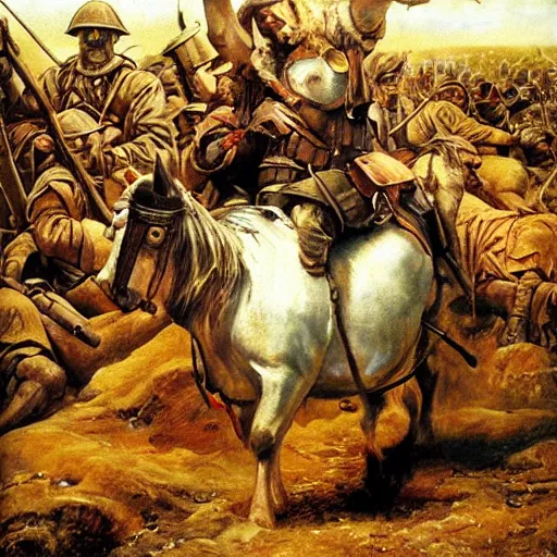 Image similar to Jesus riding a war hog into the battle of the somme as he guides wounded soldiers to safety, oil painting, epic, beautiful