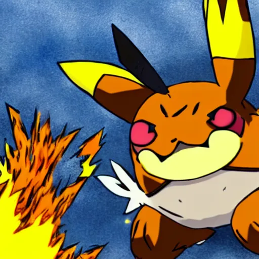 Image similar to an anime image in the style of pokemon, lightly sketched in pencil. a large, angry - looking pikachu with spiky orange ears comes charging at the viewer from a background sea of flames.