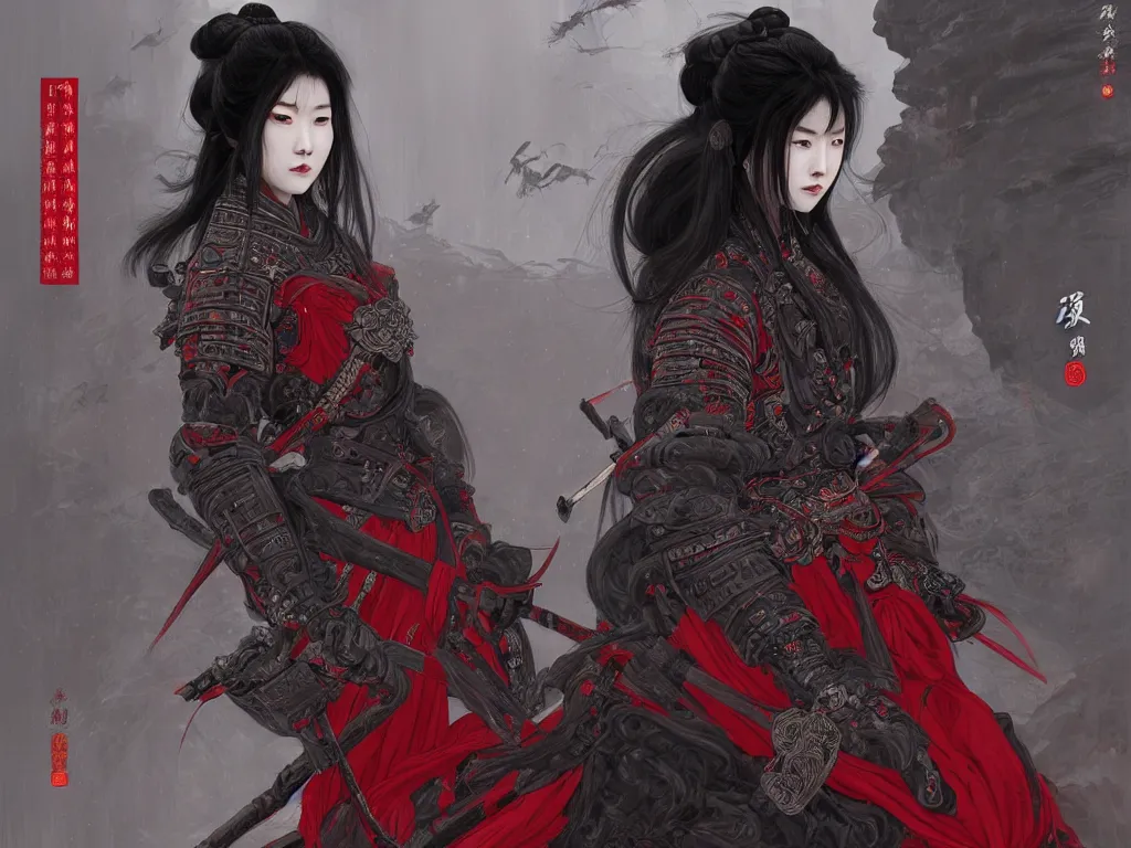 Image similar to portrait dark grey hair han so hee female samurai, wearings black and red samurai armor, at jaapnese temple night, ssci - fi and fantasy, intricate and very very beautiful and elegant, highly detailed, digital painting, artstation, concept art, smooth and sharp focus, illustration, art by tian zi and wlop and alphonse mucha