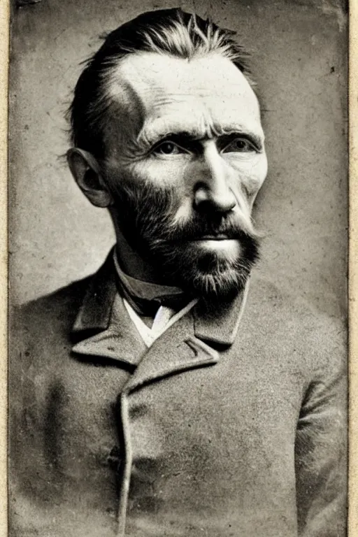 Prompt: a monochrome daguerrotype realistic, supersharp, photographic portrait of vincent van gogh, shallow depth of field