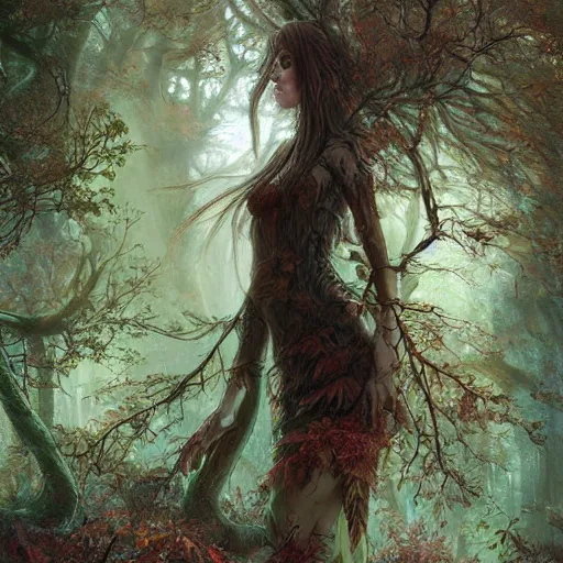 Image similar to portrait of a dryad, in a forest of fey autumn maples, her skin glistens with rainwater, she has a devilish smile and feline eyes, her hair intertwines with roots and foliage by greg rutkowski and brian froud and jessica rossier dark mysterious, filtered evening light