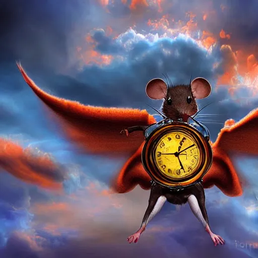 Image similar to a mouse with clockwork wings flying through thick orange clouds, fantasy digital art