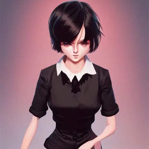 Image similar to girl in tuxedo with black chaotic wavy short haircut, elegant, 2d, ultra highly detailed, digital painting, smooth, sharp focus, artstation, art by Ilya Kuvshinov and Range Murata