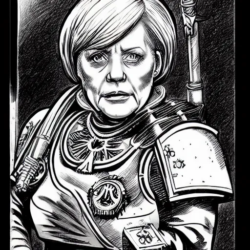 Image similar to a beautifully detailed warhammer 4 0 k portrait of angela merkel as inquisitor. pen and ink by moebius.