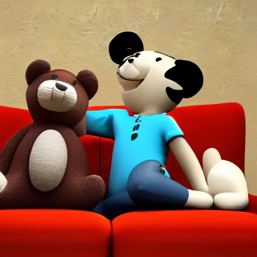 Prompt: loving cartoon bear and cartoon cat sitting in couch, cgi render