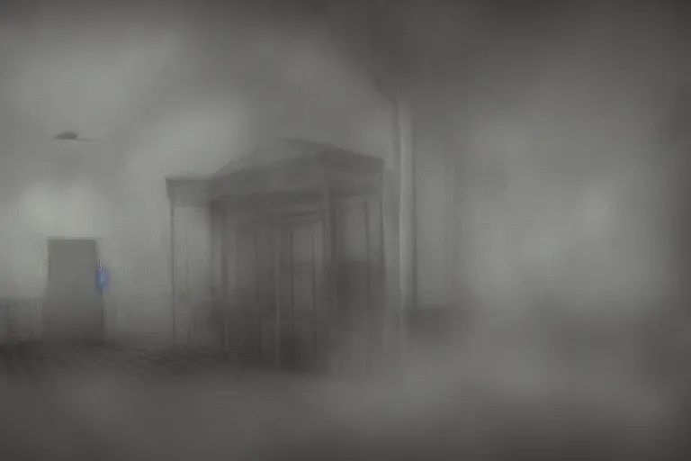 Prompt: the backrooms but it's surrounded by grey fog, digital art, atmospheric