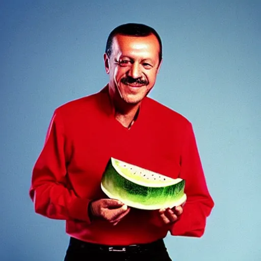 Image similar to recep tayyip erdogan smiling holding watermelon for a 1 9 9 0 s sitcom tv show, studio photograph, portrait c 1 2. 0