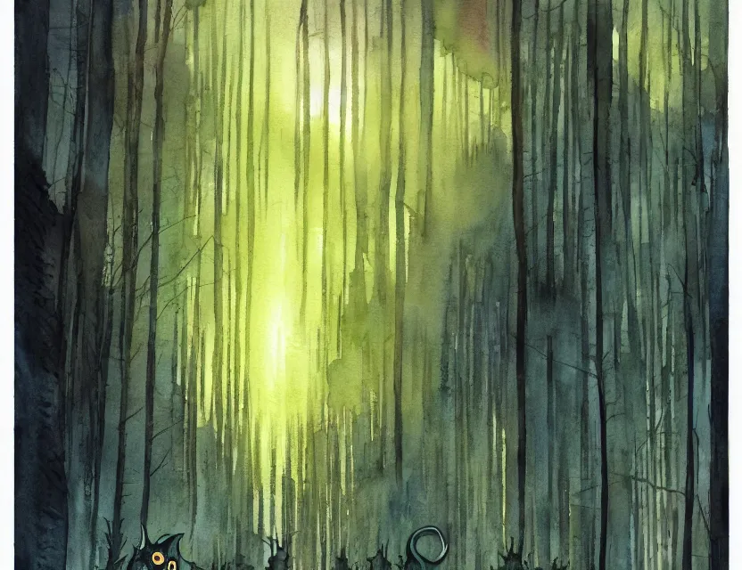 Prompt: forest spirit lost in a metropolis. this watercolor painting by the award - winning comic artist has dramatic lighting, an interesting color scheme and great sense of depth.