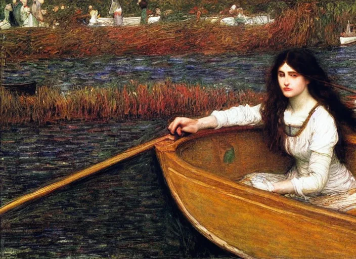 Image similar to lady of shallot in a boat by john william waterhouse, rosetti, monet, william holman hunt, 8 k