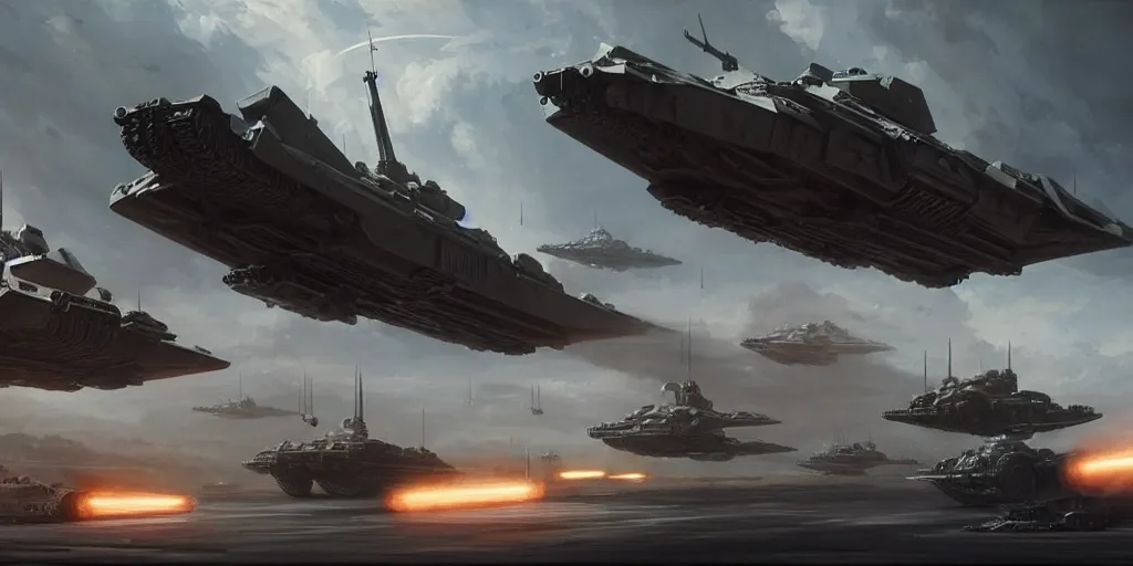 Image similar to hyper realistic sci - fi matte concept art painting of a low flying spaceship over a battlefield filled with tanks, mecha and transports, beautiful details, strong composition painted by kim jung guweta studio rutkowski, james gurney and greg rutkowski, and lucasfilm, smooth, intricate, detailed, sharp focus, cinematic