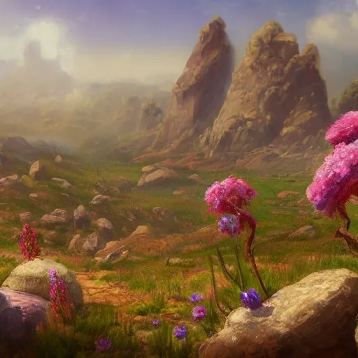 Image similar to a matte painting of the wild west, patchy flowers and rocks, oil painting, pale colors, high detail, 8 k, wide angle, trending on artstation,