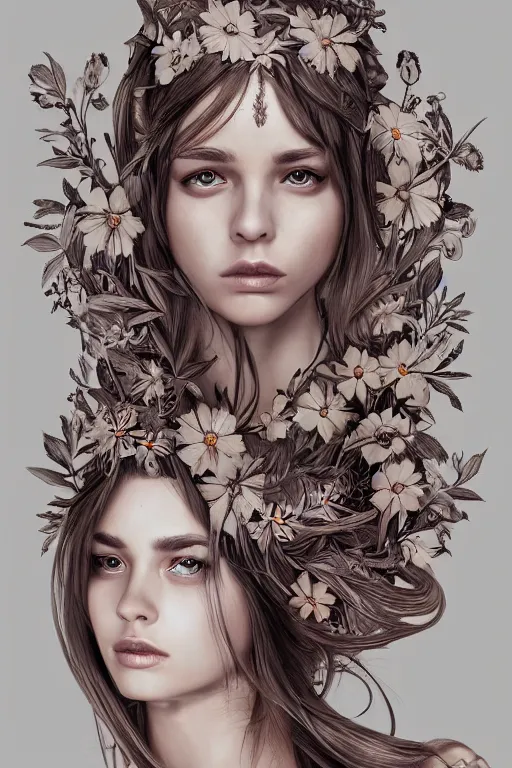 Image similar to a symmetrical portrait with esoteric symbols on the skin and flowers in the hair, intricate, hyperrealistic, concept art, digital art