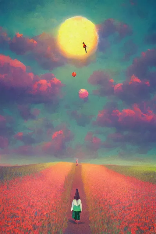 Image similar to giant corn flower head, girl walking on the moon, surreal photography, sunrise, dramatic light, impressionist painting, colorful clouds, digital painting, artstation, simon stalenhag