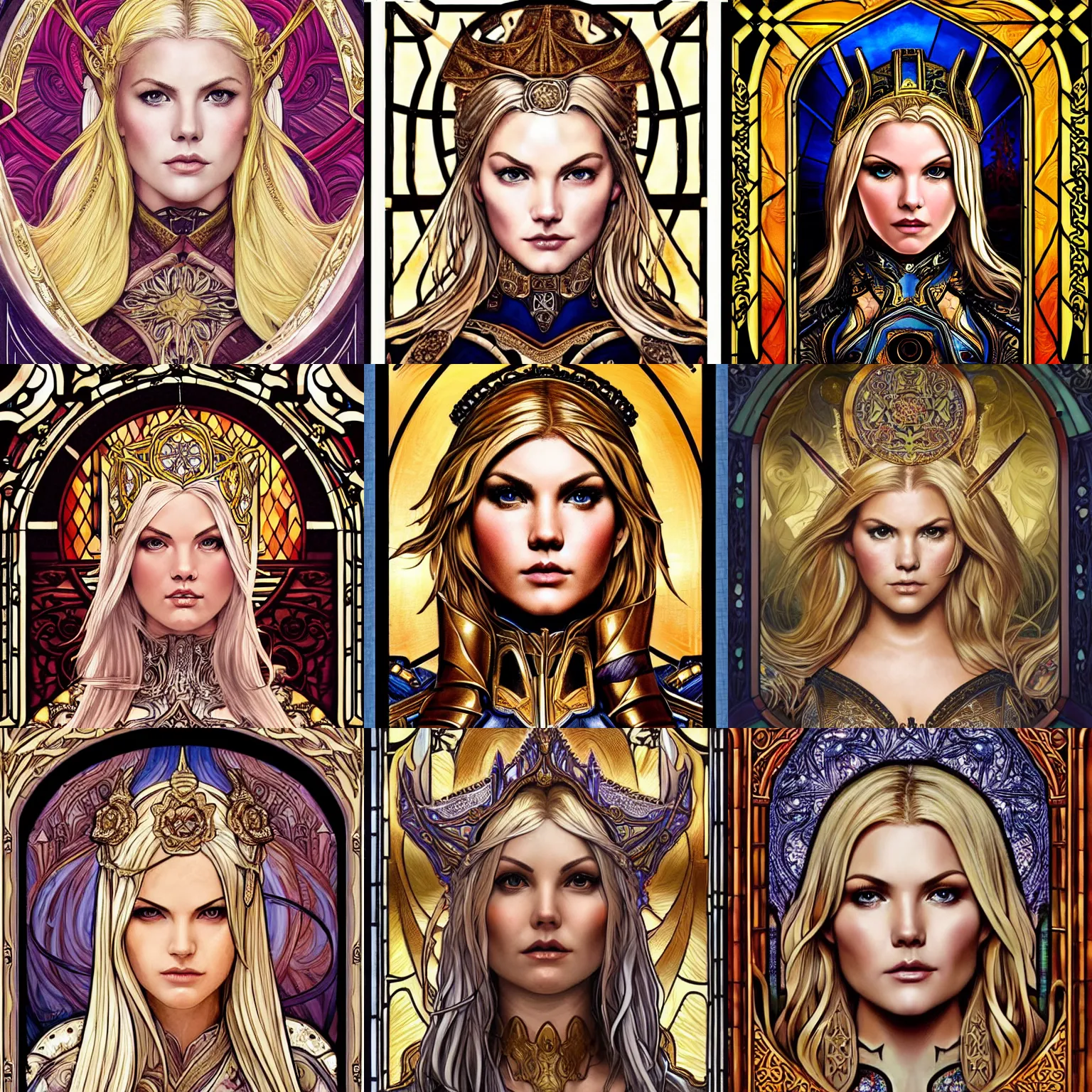 Prompt: head-on symmetrical centered painted portrait, Elisha Cuthbert as a paladin, blonde hair, golden halo, ornate iron armour, art nouveau tarot, fantasy, masterpiece stained glass, intricate, elegant, highly detailed, smooth, sharp focus, illustration, artstation, in the style of Artgerm and Anna Podedworna and Alex Ross and Mucha