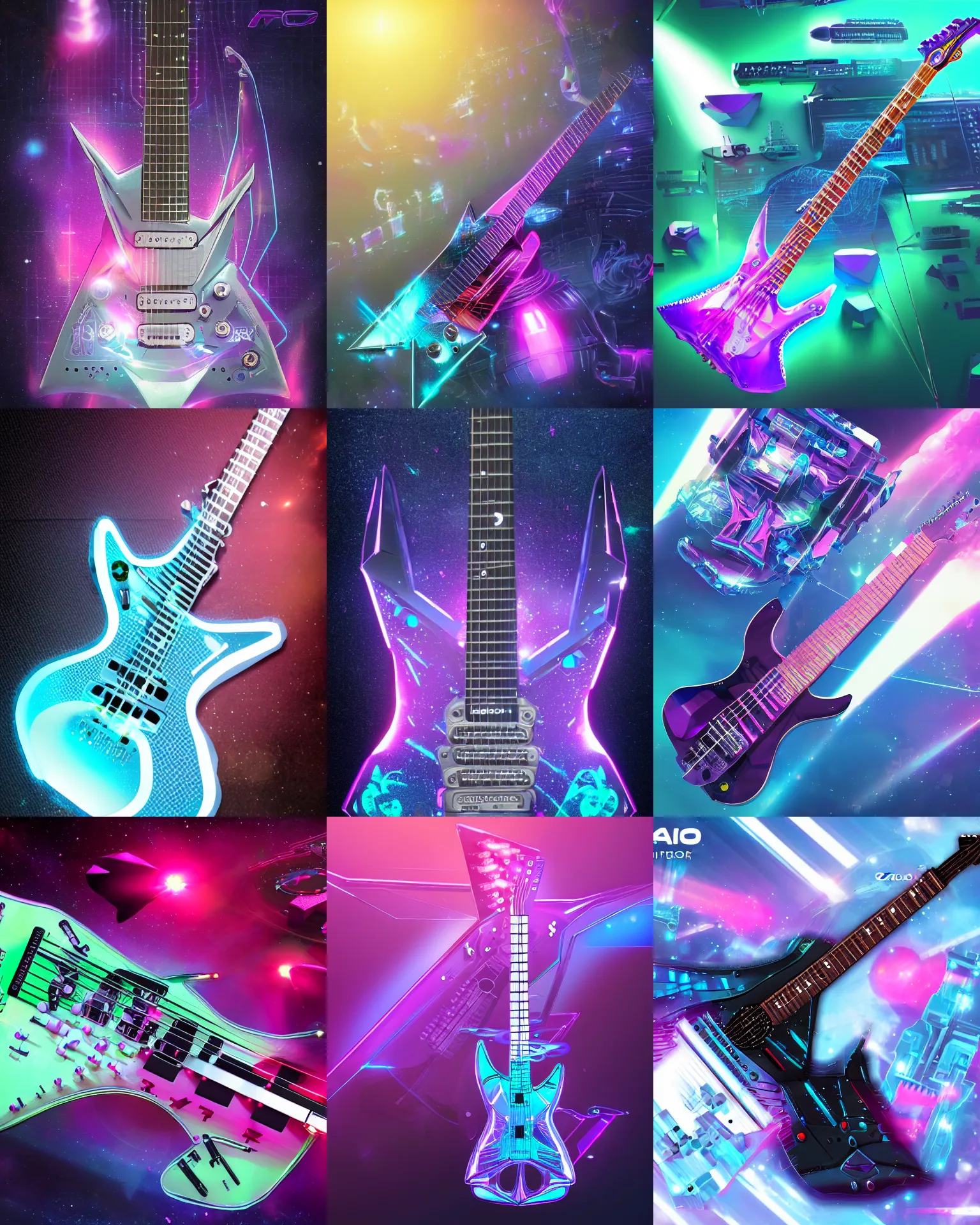 Prompt: casio dg - 2 0 synth guitar for a pop diva from the planet cybertron, sci - fi magical girl aesthetic, trending on artstation, guitar concept art, product photography, full product concept art instrument silhouettes ( holographic strings )