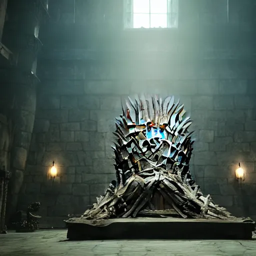 Prompt: The Game Of Thrones dragon in its throne room, massive 8k