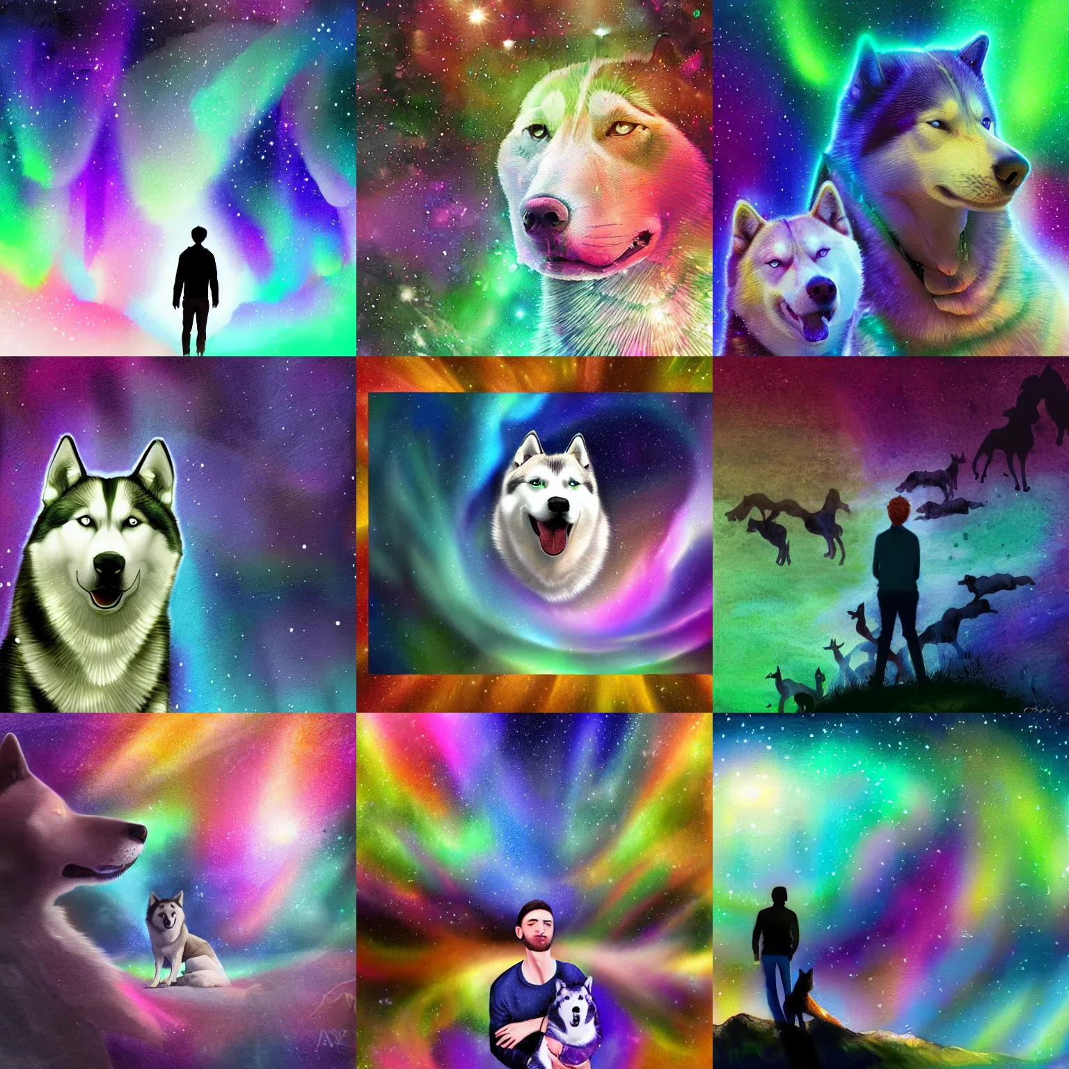 Prompt: young man surrounded by an aura of emotions with huskies floating above him, rich iridescent colors, digital art, very detailed, watercolor, aurora borealis, 4 k hd